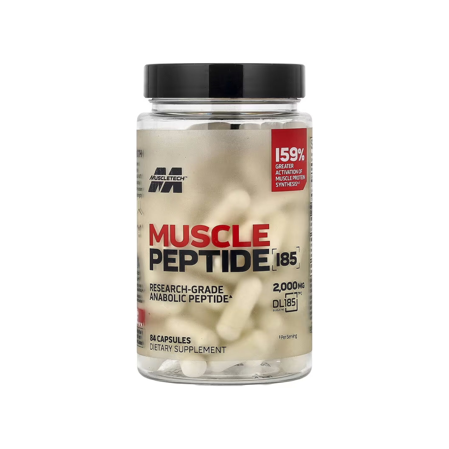 MuscleTech Muscle Peptide 185 takviyesinin ön yüzü, araştırma kalitesinde anabolik peptit DL-185™ içeriği (2,000mg) ve kas proteini sentezinde %159 artış vaadini gösterir.